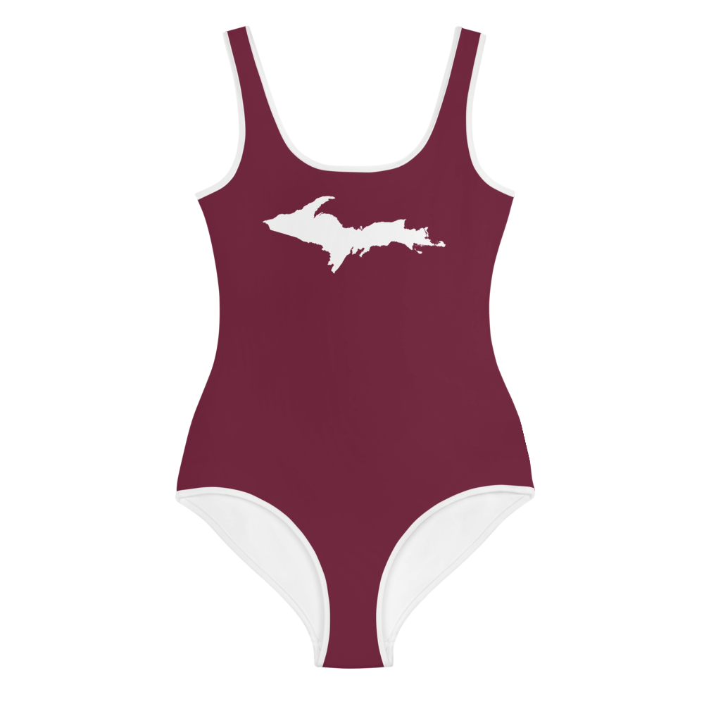 Michigan Upper Peninsula Youth Swimsuit (w/ UP Outline) | Old Mission Burgundy