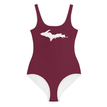 Michigan Upper Peninsula Youth Swimsuit (w/ UP Outline) | Old Mission Burgundy