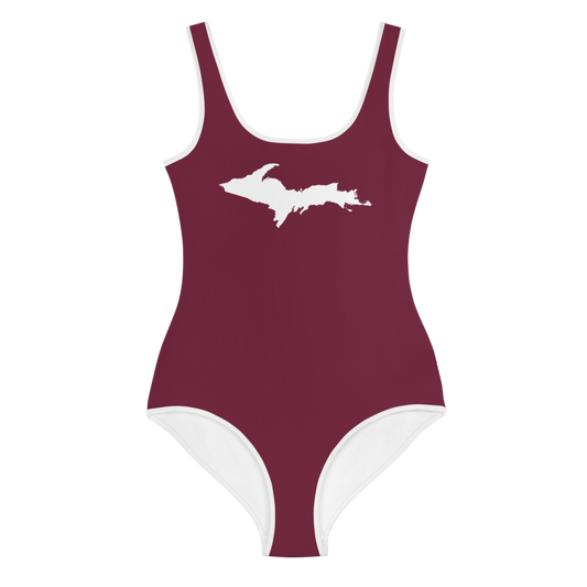 Michigan Upper Peninsula Youth Swimsuit (w/ UP Outline) | Old Mission Burgundy