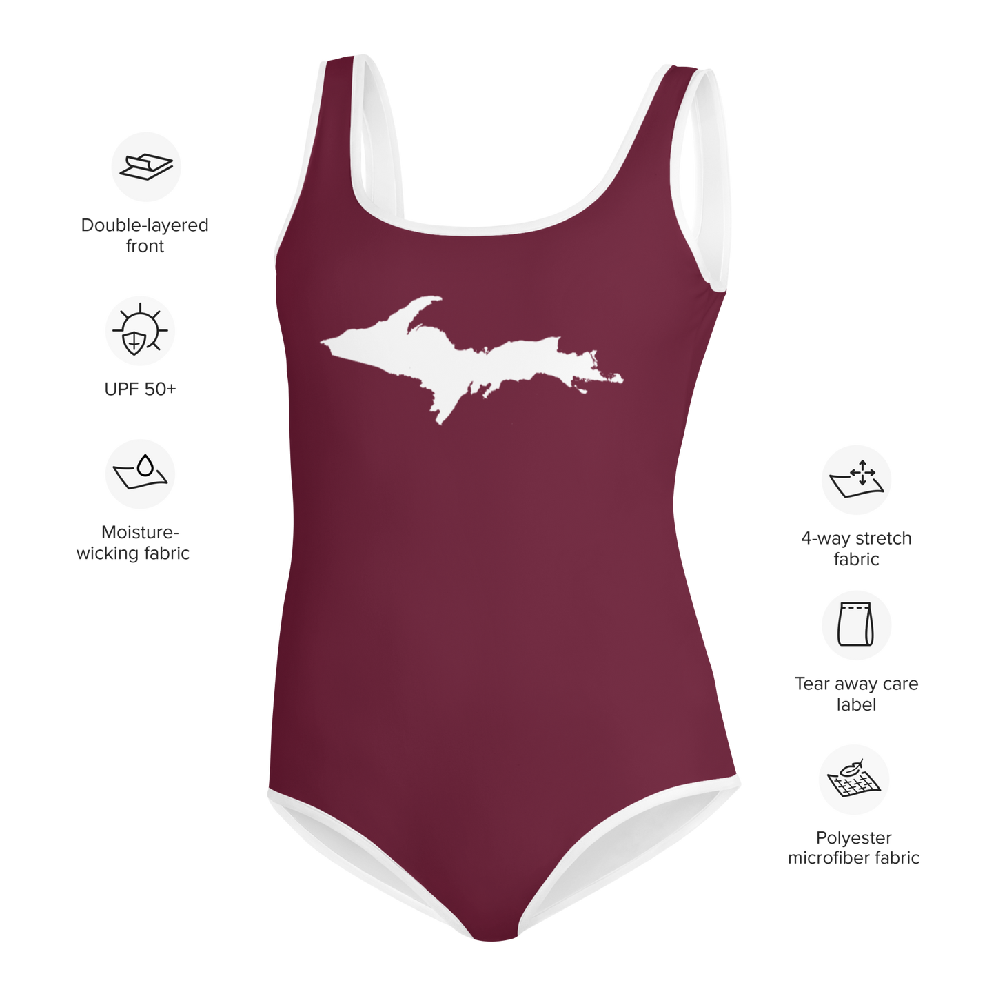 Michigan Upper Peninsula Youth Swimsuit (w/ UP Outline) | Old Mission Burgundy