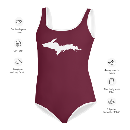 Michigan Upper Peninsula Youth Swimsuit (w/ UP Outline) | Old Mission Burgundy