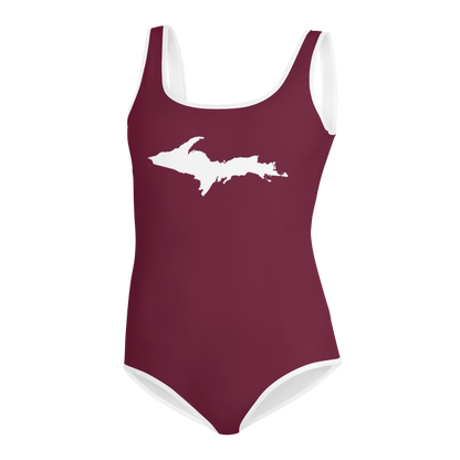 Michigan Upper Peninsula Youth Swimsuit (w/ UP Outline) | Old Mission Burgundy