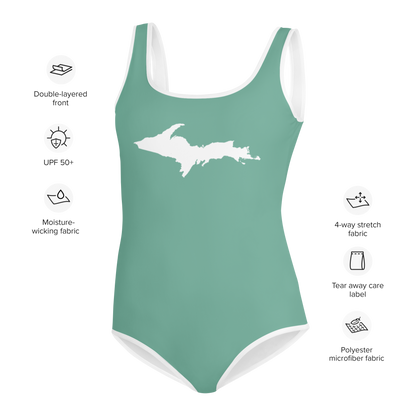 Michigan Upper Peninsula Youth Swimsuit (w/ UP Outline) | Metallic Mint Green