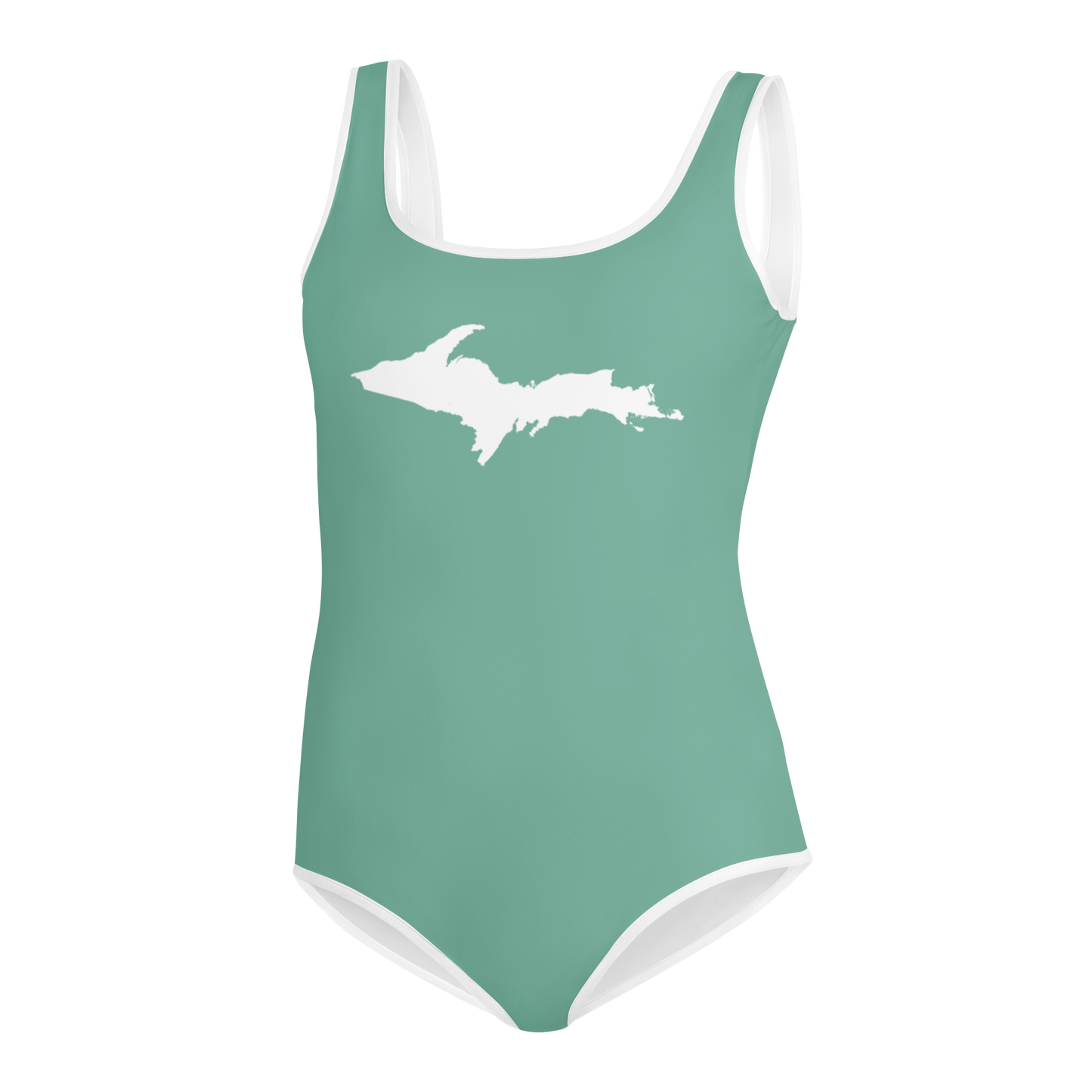 Michigan Upper Peninsula Youth Swimsuit (w/ UP Outline) | Metallic Mint Green