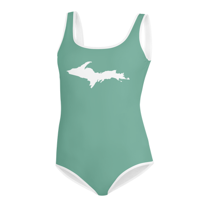 Michigan Upper Peninsula Youth Swimsuit (w/ UP Outline) | Metallic Mint Green