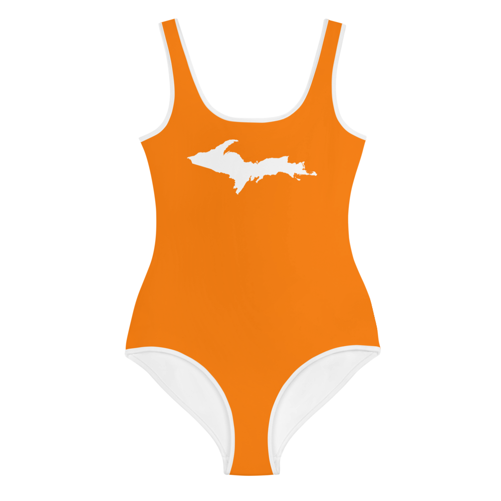 Michigan Upper Peninsula Youth Swimsuit (w/ UP Outline) | Safety Orange