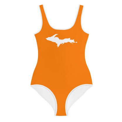 Michigan Upper Peninsula Youth Swimsuit (w/ UP Outline) | Safety Orange