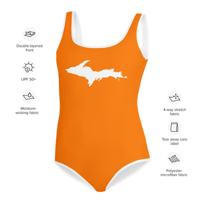 Michigan Upper Peninsula Youth Swimsuit (w/ UP Outline) | Safety Orange