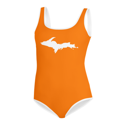 Michigan Upper Peninsula Youth Swimsuit (w/ UP Outline) | Safety Orange