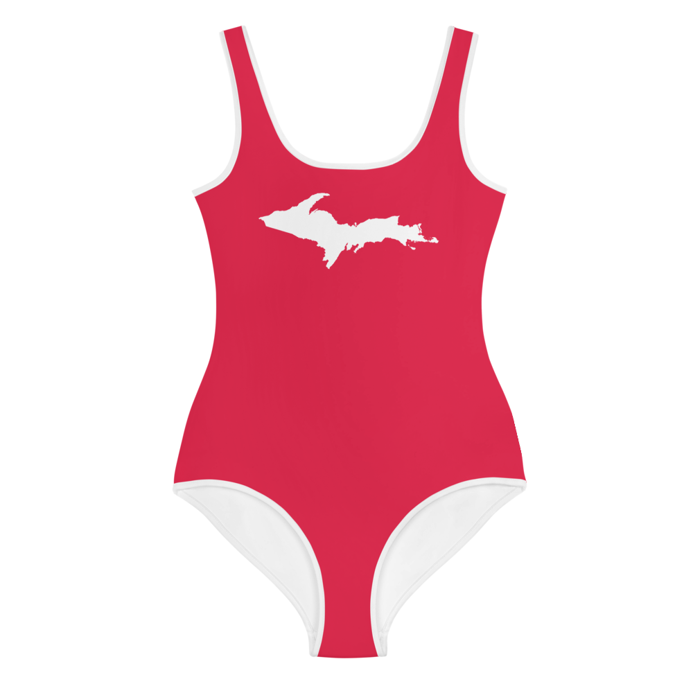 Michigan Upper Peninsula Youth Swimsuit (w/ UP Outline) | Lighthouse Red