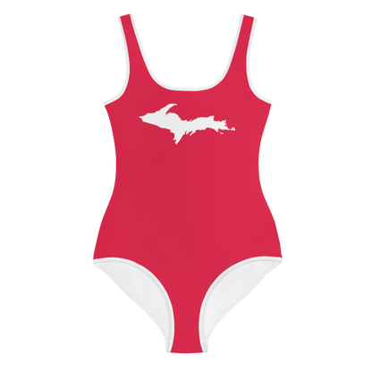 Michigan Upper Peninsula Youth Swimsuit (w/ UP Outline) | Lighthouse Red