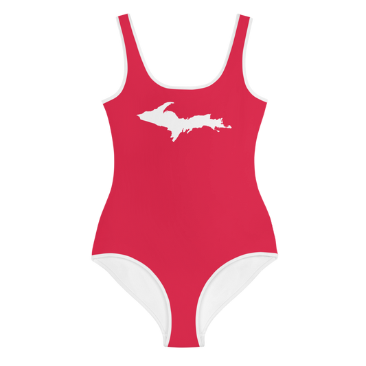 Michigan Upper Peninsula Youth Swimsuit (w/ UP Outline) | Lighthouse Red