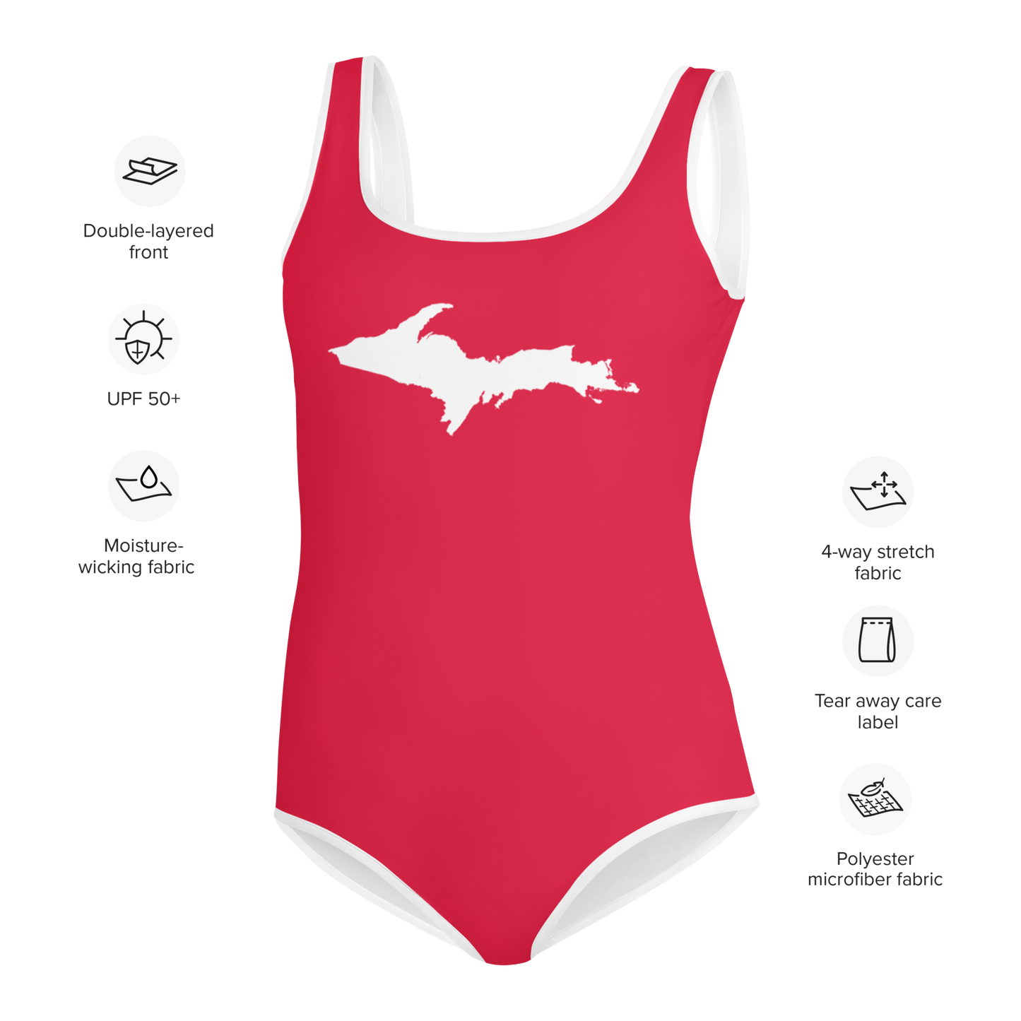 Michigan Upper Peninsula Youth Swimsuit (w/ UP Outline) | Lighthouse Red