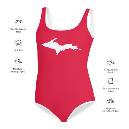 Michigan Upper Peninsula Youth Swimsuit (w/ UP Outline) | Lighthouse Red