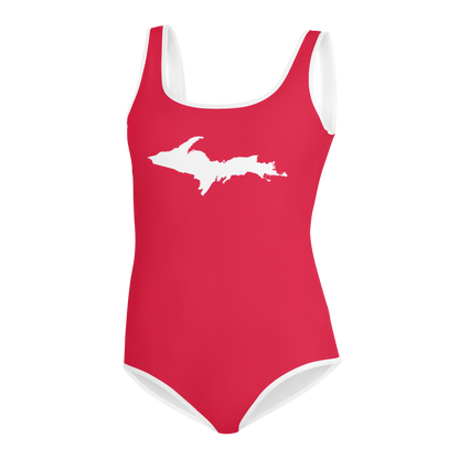 Michigan Upper Peninsula Youth Swimsuit (w/ UP Outline) | Lighthouse Red