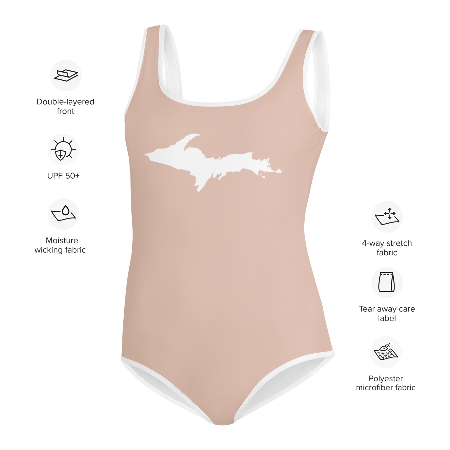 Michigan Upper Peninsula Youth Swimsuit (w/ UP Outline) | Rose Gold