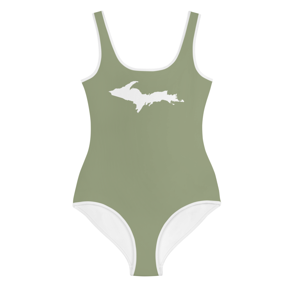 Michigan Upper Peninsula Youth Swimsuit (w/ UP Outline) | Beachgrass Green