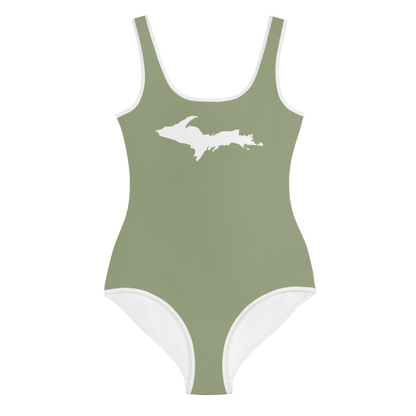 Michigan Upper Peninsula Youth Swimsuit (w/ UP Outline) | Beachgrass Green