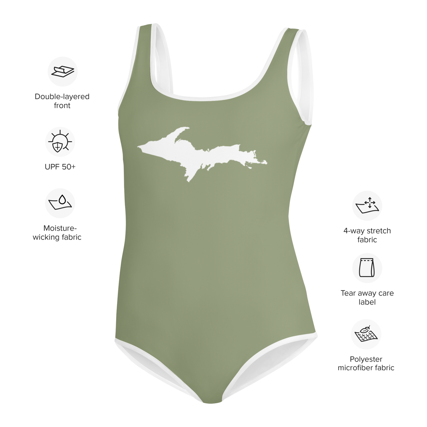 Michigan Upper Peninsula Youth Swimsuit (w/ UP Outline) | Beachgrass Green