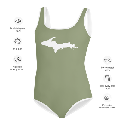 Michigan Upper Peninsula Youth Swimsuit (w/ UP Outline) | Beachgrass Green