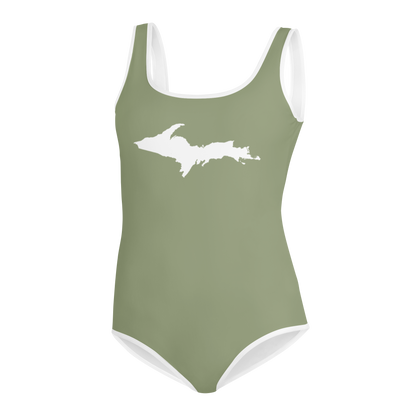 Michigan Upper Peninsula Youth Swimsuit (w/ UP Outline) | Beachgrass Green