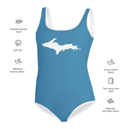 Michigan Upper Peninsula Youth Swimsuit (w/ UP Outline) | Lake Michigan Blue