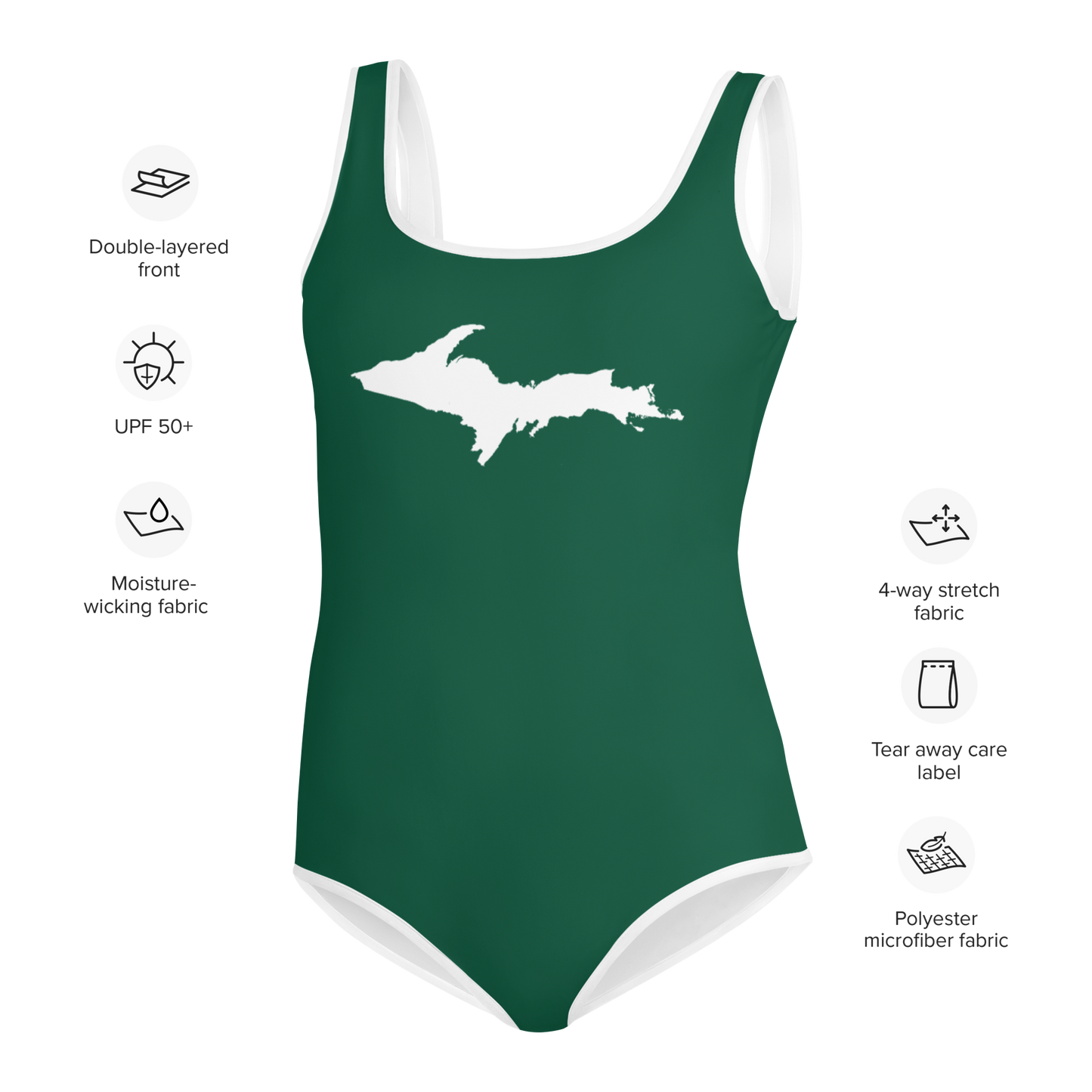 Michigan Upper Peninsula Youth Swimsuit (w/ UP Outline) | Superior Green