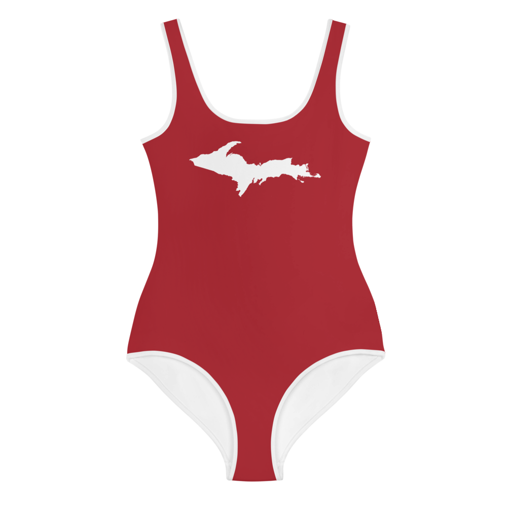 Michigan Upper Peninsula Youth Swimsuit (w/ UP Outline) | Thimbleberry Red