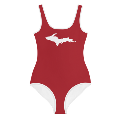 Michigan Upper Peninsula Youth Swimsuit (w/ UP Outline) | Thimbleberry Red