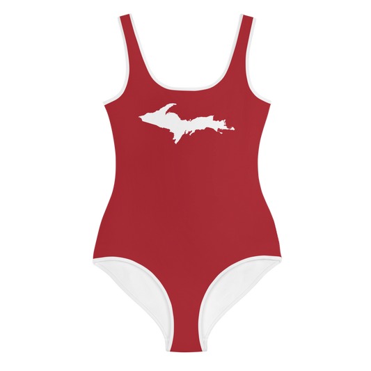 Michigan Upper Peninsula Youth Swimsuit (w/ UP Outline) | Thimbleberry Red