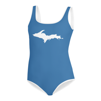 Michigan Upper Peninsula Youth Swimsuit (w/ UP Outline) | Lake Superior Blue