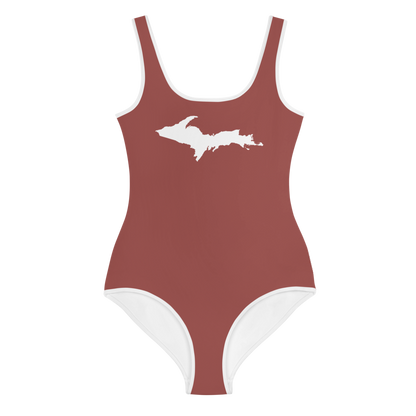 Michigan Upper Peninsula Youth Swimsuit (w/ UP Outline) | Ore Dock Red