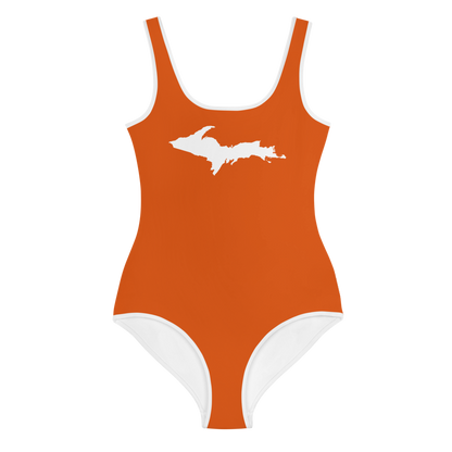 Michigan Upper Peninsula Youth Swimsuit (w/ UP Outline) | Maple Leaf Orange