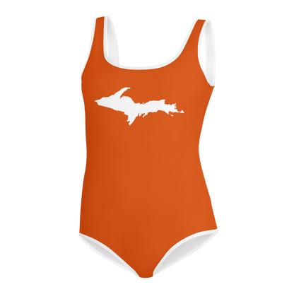 Michigan Upper Peninsula Youth Swimsuit (w/ UP Outline) | Maple Leaf Orange