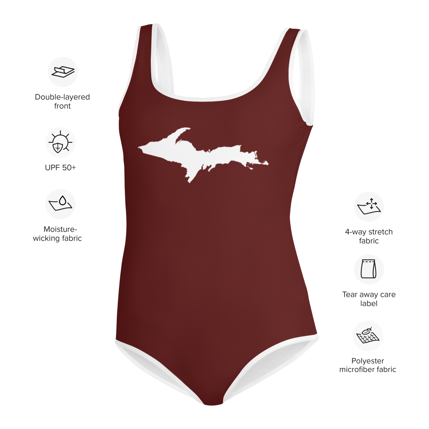 Michigan Upper Peninsula Youth Swimsuit (w/ UP Outline) | Cherrywood Color