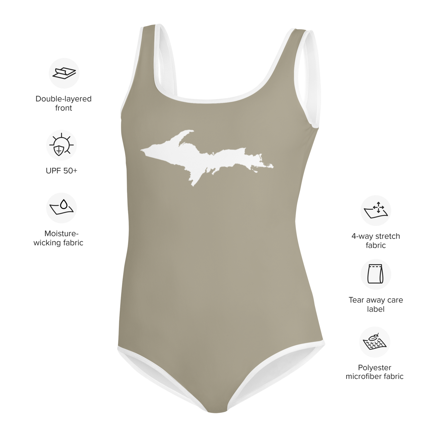 Michigan Upper Peninsula Youth Swimsuit (w/ UP Outline) | Petoskey Stone Beige