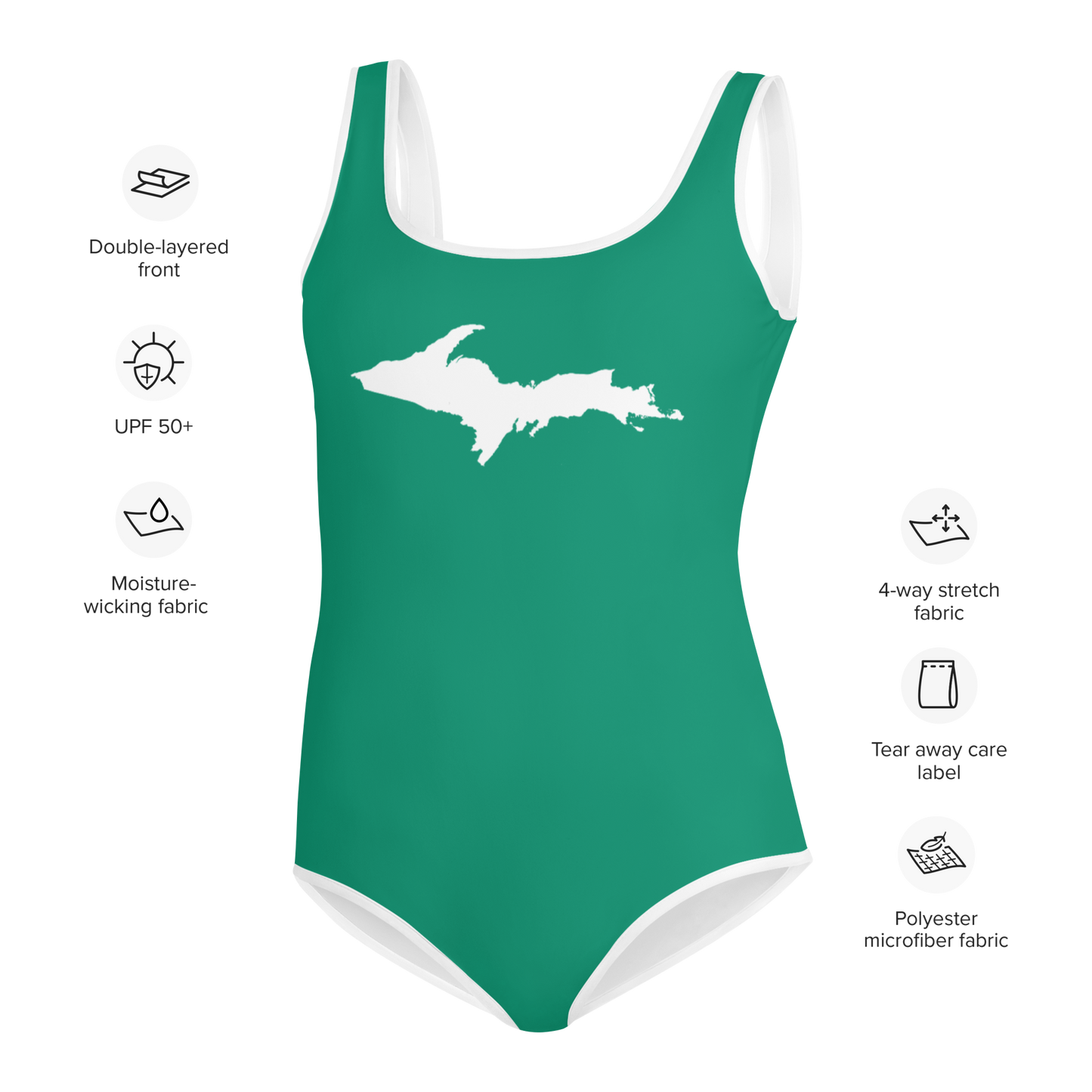 Michigan Upper Peninsula Youth Swimsuit (w/ UP Outline) | Emerald Green