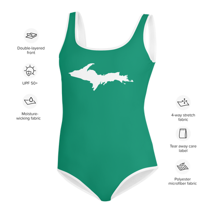 Michigan Upper Peninsula Youth Swimsuit (w/ UP Outline) | Emerald Green