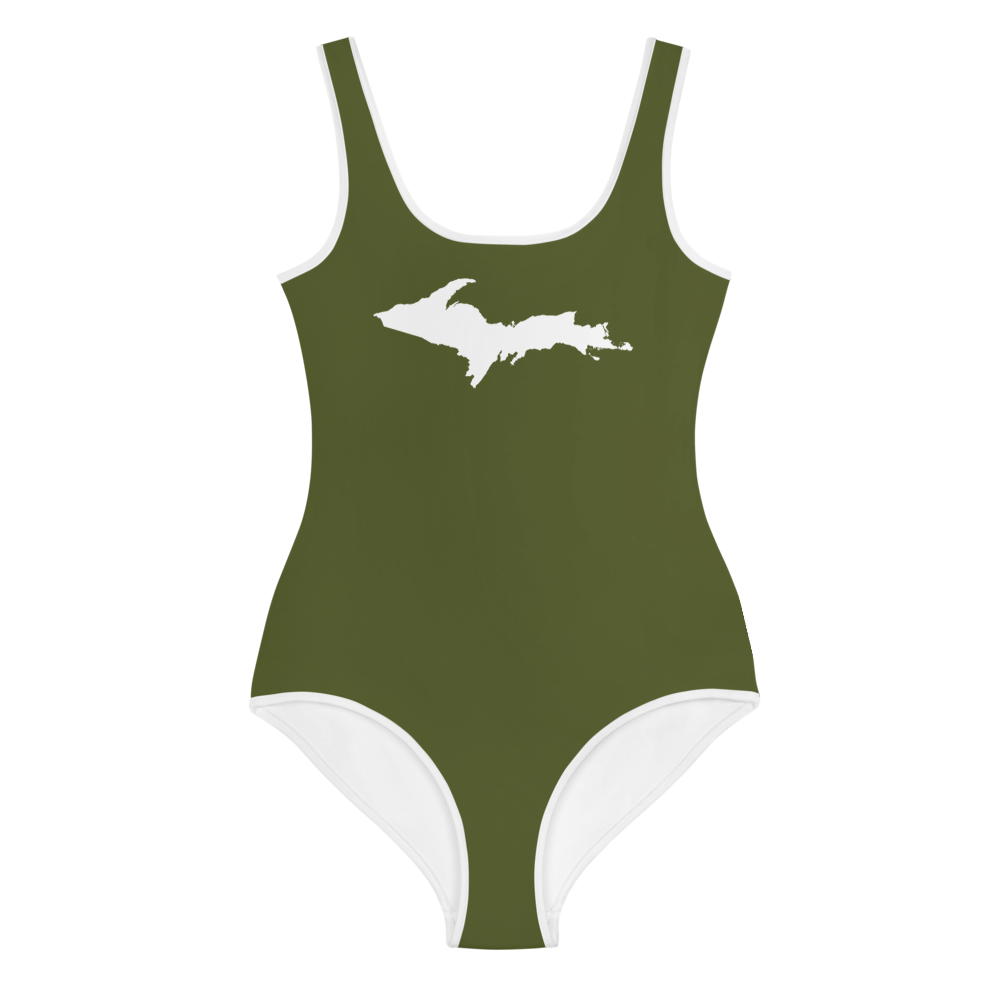 Michigan Upper Peninsula Youth Swimsuit (w/ UP Outline) | Army Green