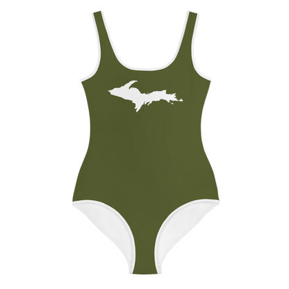 Michigan Upper Peninsula Youth Swimsuit (w/ UP Outline) | Army Green