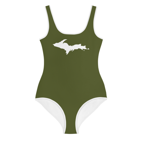 Michigan Upper Peninsula Youth Swimsuit (w/ UP Outline) | Army Green