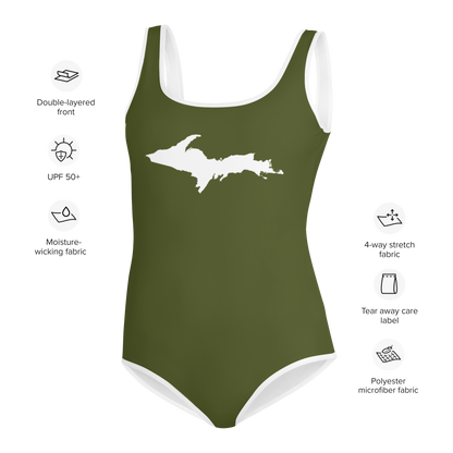 Michigan Upper Peninsula Youth Swimsuit (w/ UP Outline) | Army Green