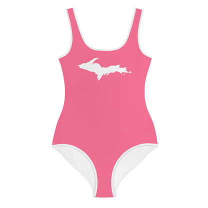 Michigan Upper Peninsula Youth Swimsuit (w/ UP Outline) | Rhodochrosite Pink