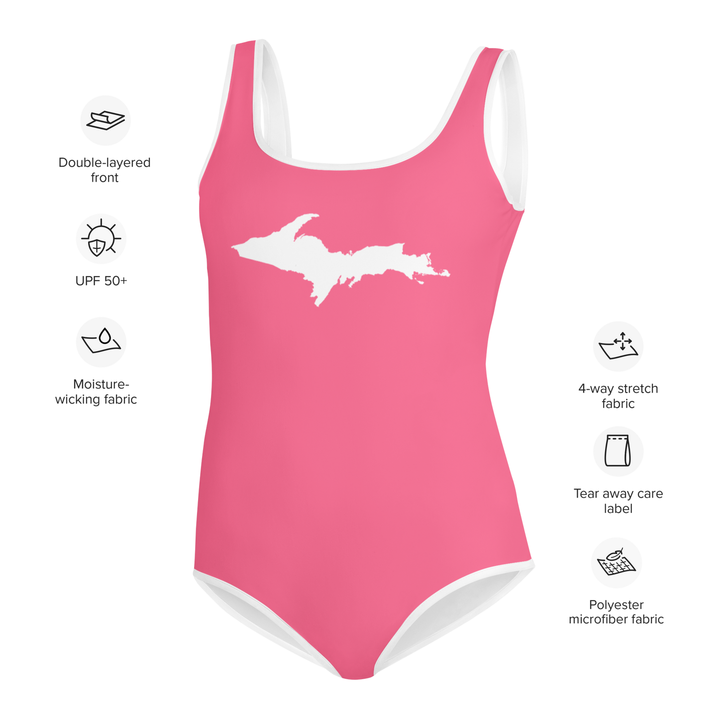 Michigan Upper Peninsula Youth Swimsuit (w/ UP Outline) | Rhodochrosite Pink