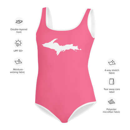 Michigan Upper Peninsula Youth Swimsuit (w/ UP Outline) | Rhodochrosite Pink