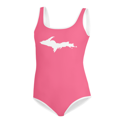 Michigan Upper Peninsula Youth Swimsuit (w/ UP Outline) | Rhodochrosite Pink