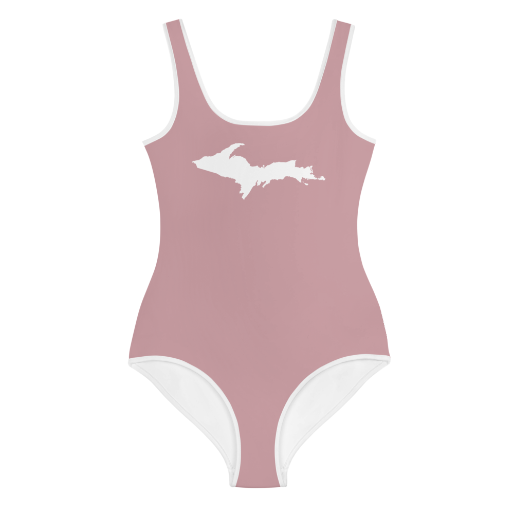 Michigan Upper Peninsula Youth Swimsuit (w/ UP Outline) | Cherry Blossom Pink