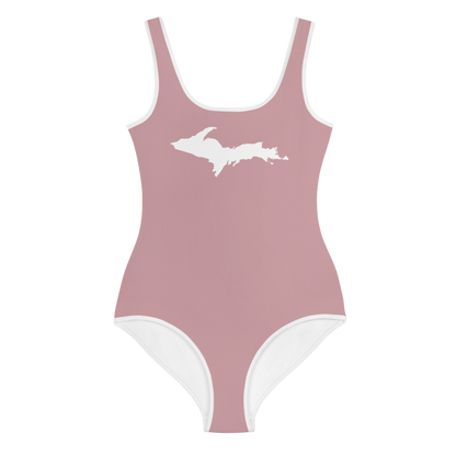 Michigan Upper Peninsula Youth Swimsuit (w/ UP Outline) | Cherry Blossom Pink