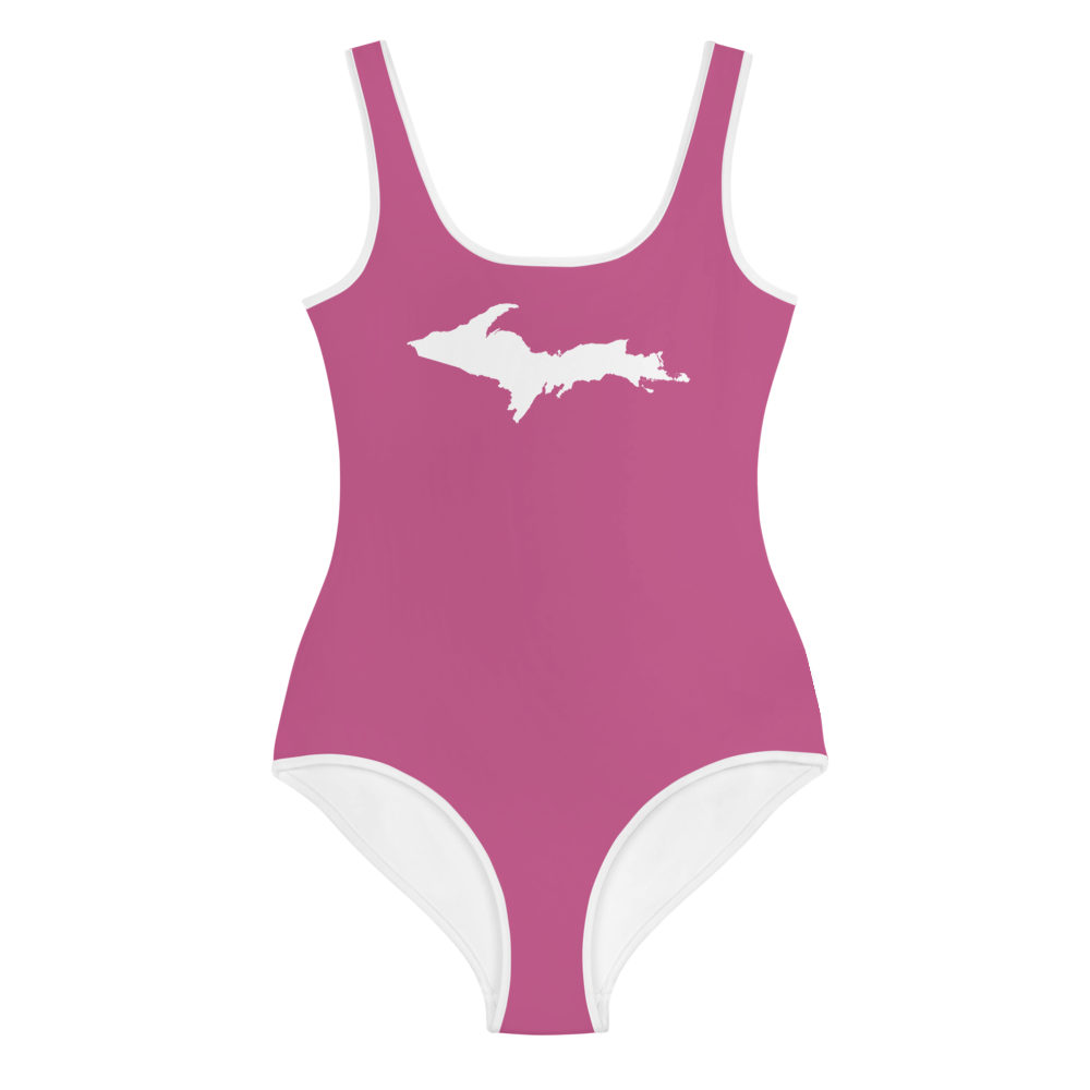 Michigan Upper Peninsula Youth Swimsuit (w/ UP Outline) | Apple Blossom Pink