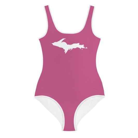 Michigan Upper Peninsula Youth Swimsuit (w/ UP Outline) | Apple Blossom Pink